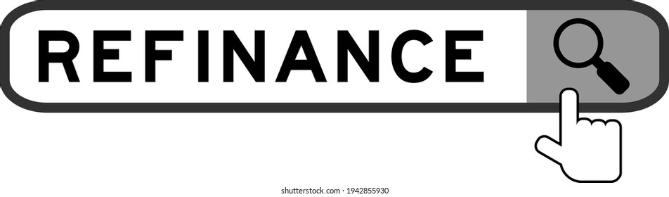 Search banner in word refinance with hand over magnifier icon on white background