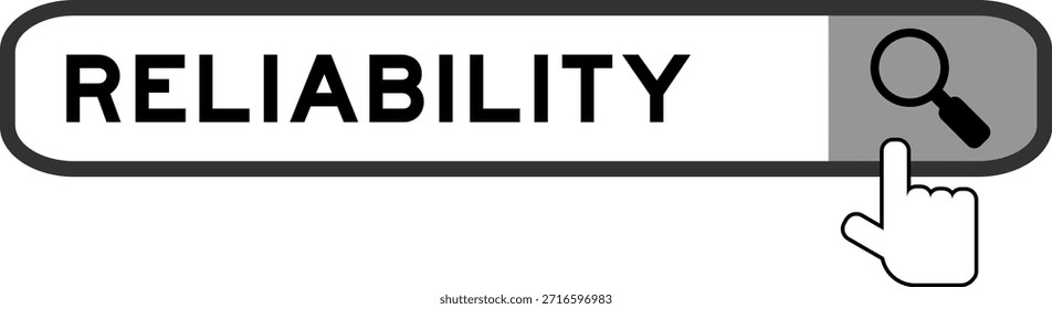 Search banner in word reliability with hand over magnifier icon on white background