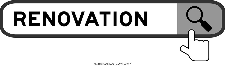 Search banner in word renovation with hand over magnifier icon on white background