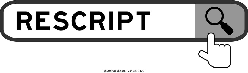 Search banner in word rescript with hand over magnifier icon on white background