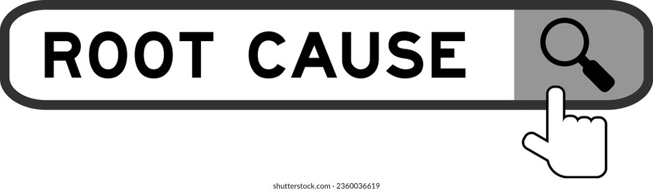 Search banner in word root cause with hand over magnifier icon on white background