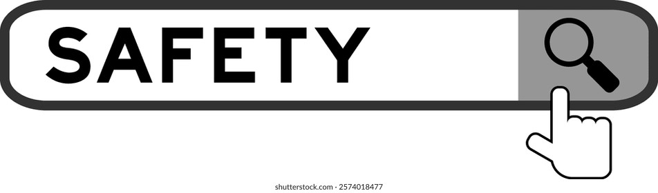 Search banner in word safety with hand over magnifier icon on white background
