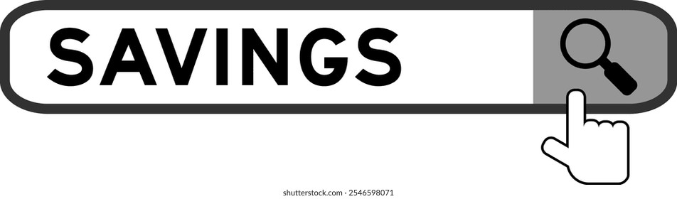 Search banner in word savings with hand over magnifier icon on white background