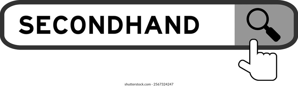 Search banner in word second hand with hand over magnifier icon on white background