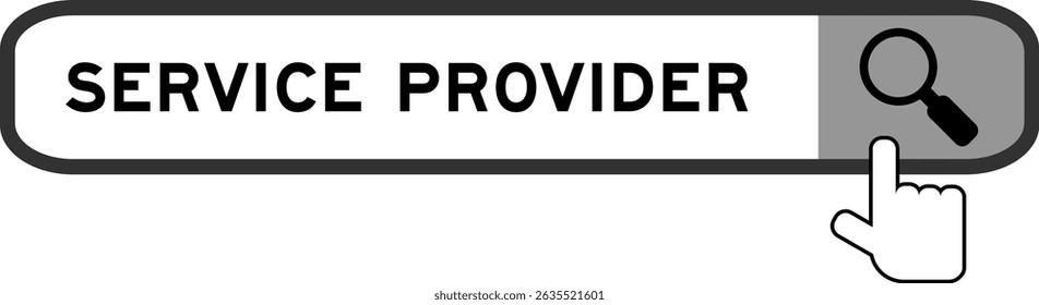 Banner de pesquisa no provedor de serviços de texto com a mão sobre o ícone da lupa no fundo branco