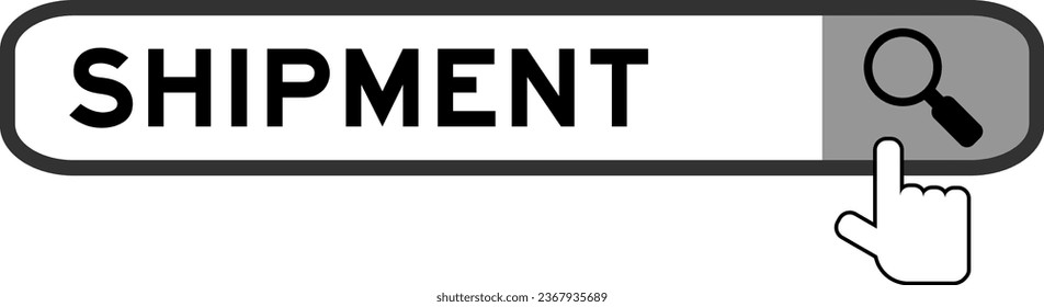 Search banner in word shipment with hand over magnifier icon on white background