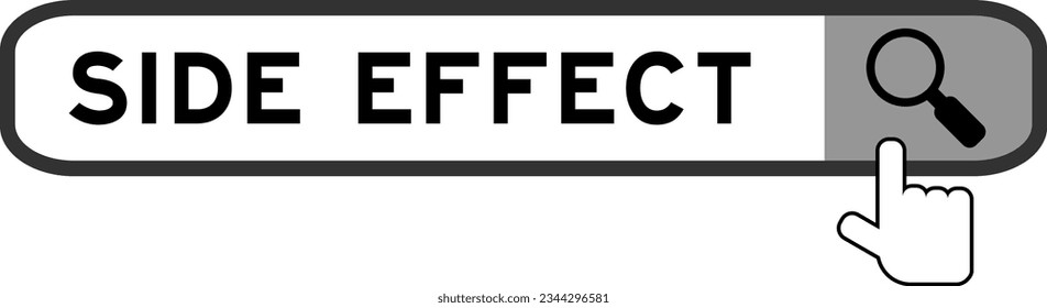 Search banner in word side effect with hand over magnifier icon on white background