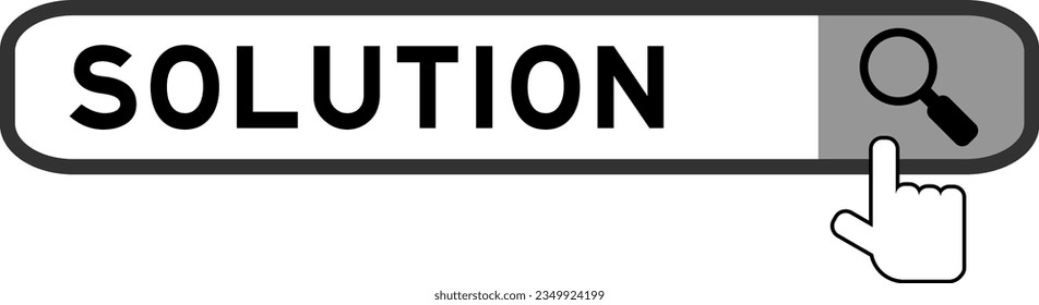 Search banner in word solution with hand over magnifier icon on white background