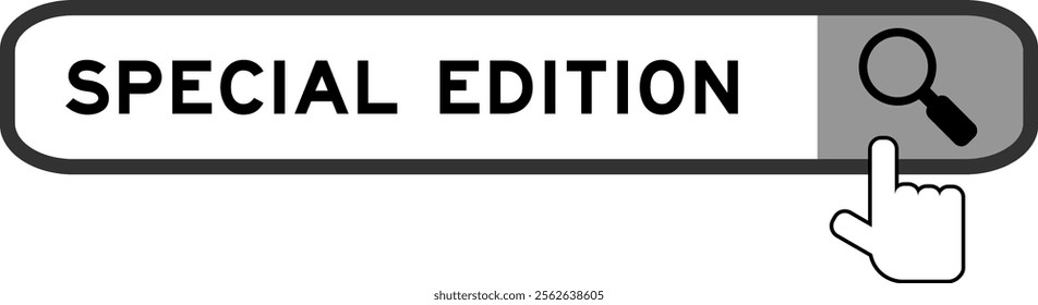 Search banner in word special edition with hand over magnifier icon on white background