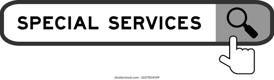 Search banner in word special services with hand over magnifier icon on white background
