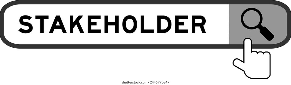 Search banner in word stakeholder with hand over magnifier icon on white background