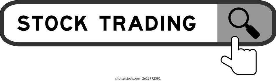 Search banner in word stock trading with hand over magnifier icon on white background