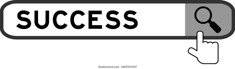 Search banner in word success with hand over magnifier icon on white background