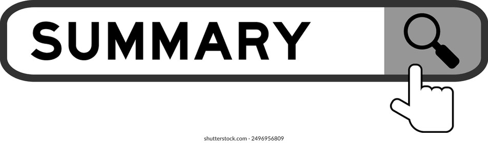 Search banner in word summary with hand over magnifier icon on white background