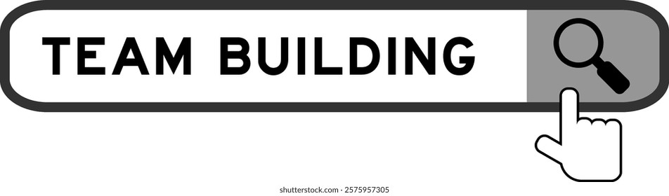 Search banner in word team building with hand over magnifier icon on white background