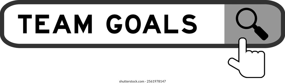 Search banner in word team goals with hand over magnifier icon on white background