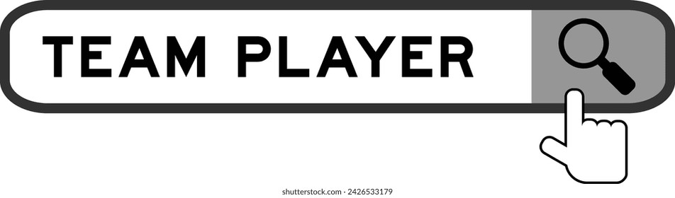 Search banner in word team player with hand over magnifier icon on white background