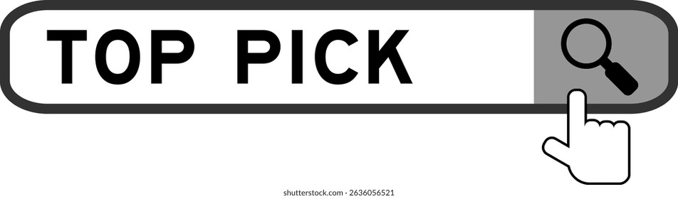 Search banner in word top pick with hand over magnifier icon on white background