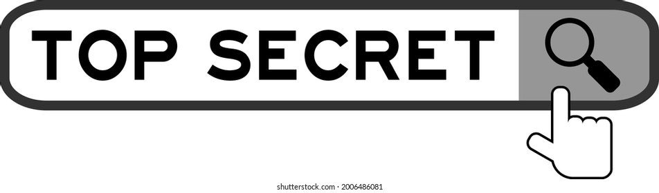 Search banner in word top secret with hand over magnifier icon on white background