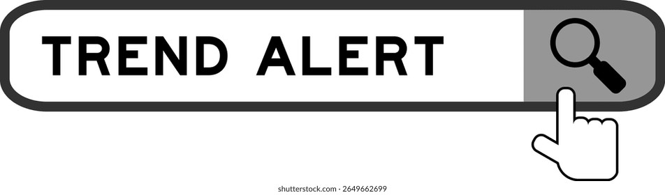Search banner in word trend alert with hand over magnifier icon on white background