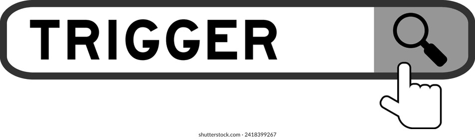 Search banner in word trigger with hand over magnifier icon on white background