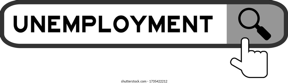 Search banner in word unemployment with hand over magnifier icon on white background