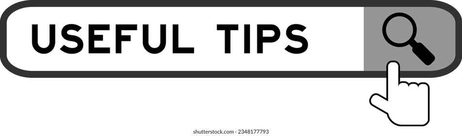 Search banner in word useful tips with hand over magnifier icon on white background
