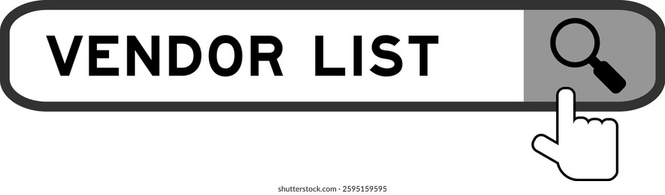Search banner in word vendor list with hand over magnifier icon on white background