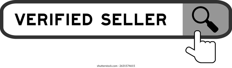 Banner de pesquisa no vendedor verificado do Word com mão sobre o ícone da lupa no fundo branco
