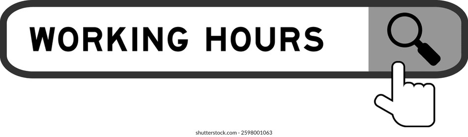 Search banner in word working hours with hand over magnifier icon on white background