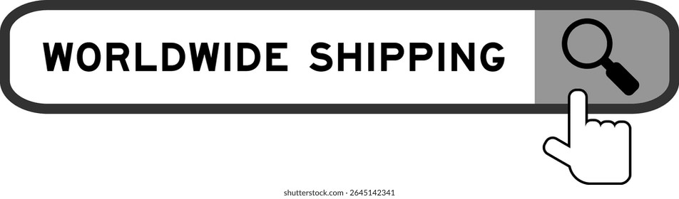 Banner de pesquisa no mundo mundo todo envio com mão sobre ícone de lupa no fundo branco