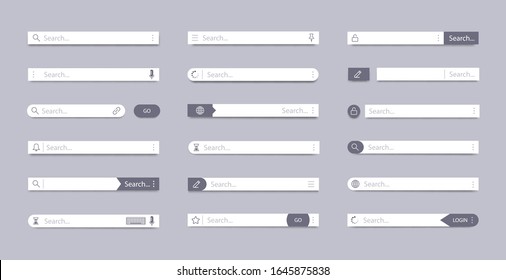 Search bar. Address search field, interface bar ui navigation, web concept with tab text boxes, mobile bar page elements vector symbols set. Internet browser ui searching panels template