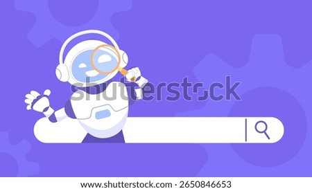 Search bar and AI chatbot assisting in finding information and providing solutions. Technology supports data retrieval and analysis. Artificial intelligence robot helping answer questions, generating.