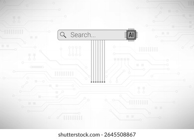 A Search bar with AI chip icon on minimalistic white circuit line background, futuristic artificial intelligence interface concept., This content was created using vector drawing tools and software, n