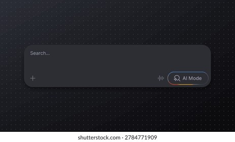 Search bar with AI mode button on dark background. Digital interface element for internet browsing and intelligent technology query. Web design component for artificial intelligence interaction.
