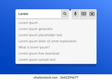 Search bar with autocomplete suggestions for “Lorem ipsum” placeholder text, showing UI design elements and mock search terms. Minimalist style.
