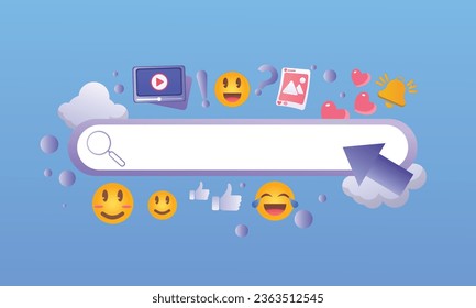 Search Bar Blank with Cursor Arrow and Magnifying Glass. Render Browser Button Template for Website.on blue background.Vector Design Illustration.