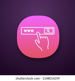 Search bar button app icon. Internet surfing. Internet browser. Hand pressing find button. UI/UX user interface. Web or mobile applications. Vector isolated illustration