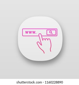 Search bar button app icon. UI/UX user interface. Internet surfing. Internet browser. Hand pressing find button. Web or mobile application. Vector isolated illustration