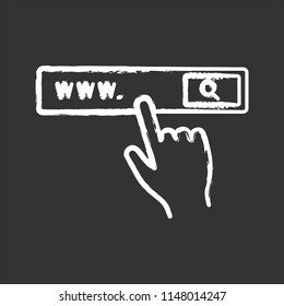 Search bar button chalk icon. Internet surfing. Internet browser. Hand pressing find button. Isolated vector chalkboard illustrations