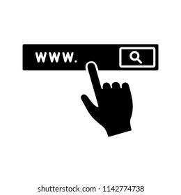 Search bar button glyph icon. Silhouette symbol. Negative space. Internet surfing. Internet browser. Hand pressing find button. Vector isolated illustration