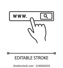 Search bar button linear icon. Thin line illustration. Internet surfing. Internet browser. Hand pressing find button. Contour symbol. Vector isolated outline drawing. Editable stroke