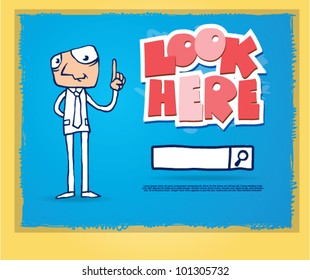 search bar with cartoon man. vector art. search engine