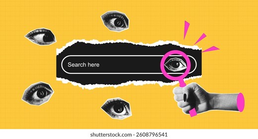 Search bar in collage style with halftone hand that hold magnifier and halftone eyes around. Collage style search page on background with torn paper. Vector illustration.