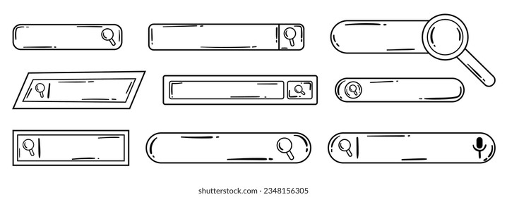 Search bar collection in hand drawn doodle style. Black and white set of research frame with magnifier