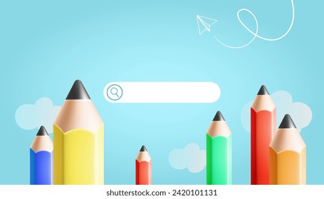 Search bar with colorful pencils, white cloud on blue background. Online education concept, vector illustration