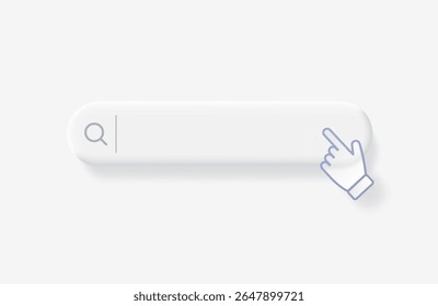 Search bar with computer hand cursor with transparency effect. Browser search navigation bar in light soft style. Vector 3d illustration.