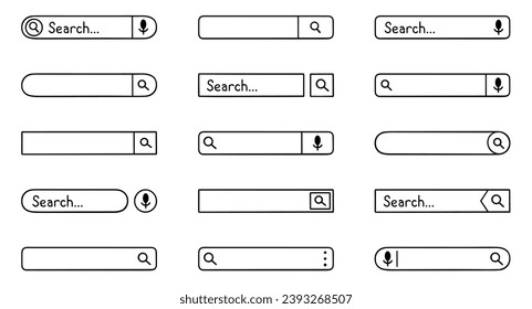 Suchleiste-Doodle-Set.  Forschungsrahmen mit Lupe und Mikrofon im Skizzenstil. handgezeichnete Vektorgrafik einzeln auf weißem Hintergrund