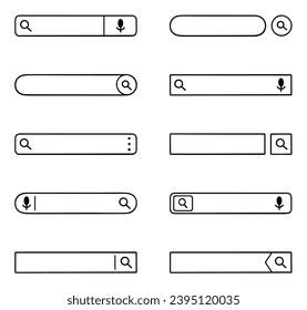 Search bar doodle set.  Research frame with magnifier and microphone in sketch style. Hand drawn vector illustration isolated on white background