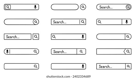 Search bar doodle set.  Research frame with magnifier and microphone in sketch style. Hand drawn vector illustration isolated on white background